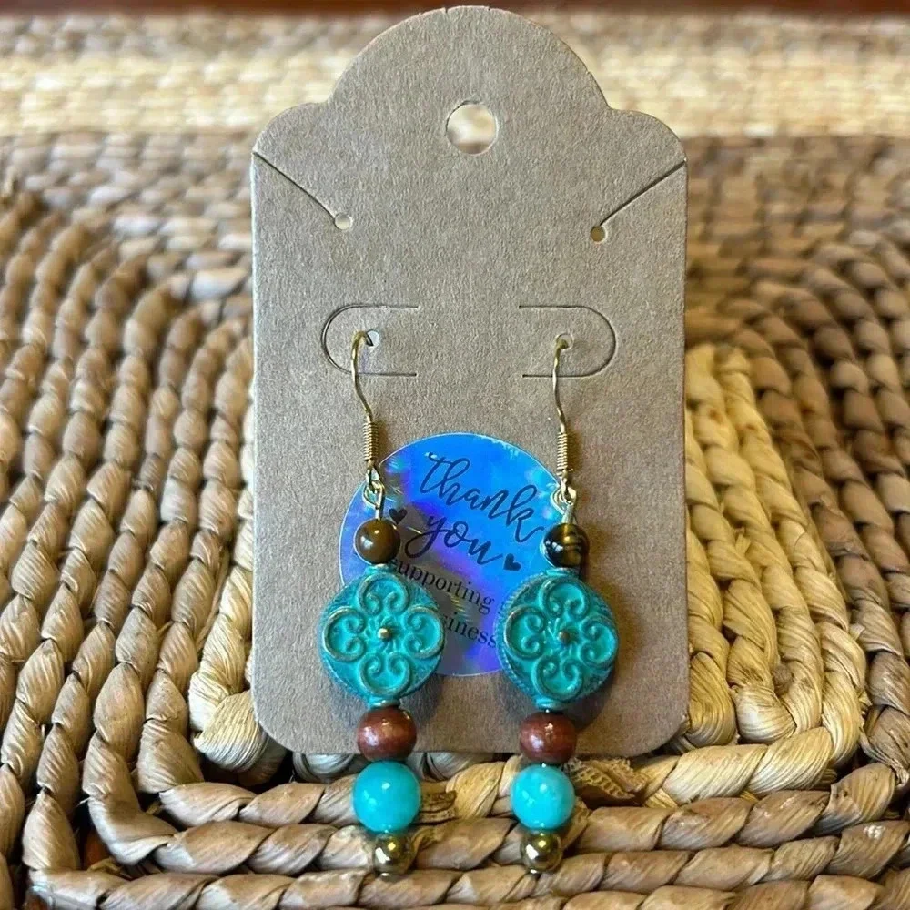 Handmade teal quartzite + tigers eye drop earrings